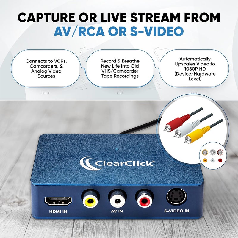 ClearClick جهاز تسجيل وبث مباشر للصوت والفيديو بدقة 1080P إلى USB - مدخل HDMI، AV، RCA، S-Video، VCR، VHS، كاميرا الفيديو، Video8، Hi8، DVD، أنظمة الألعاب - توصيل وتشغيل USB-C - Image 4